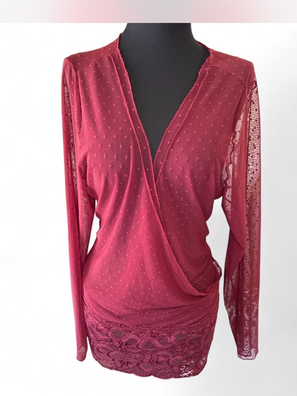 Seven7 Burgundy Sheer Dot Wrap-Front Blouse